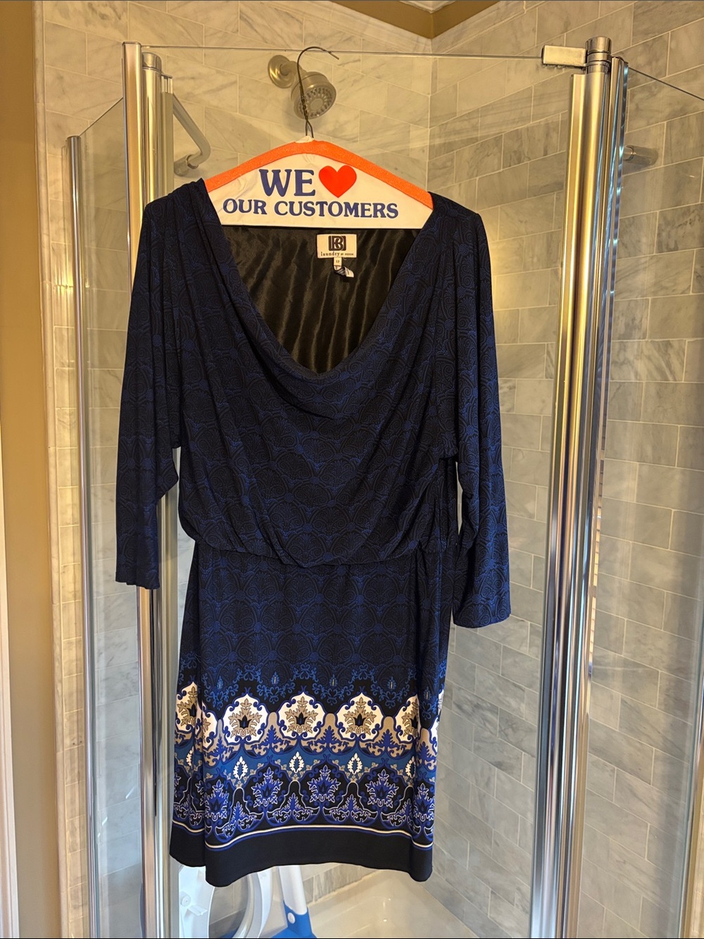 Laundry by Design Navy Blue Patterned Drape-Neck Long Sleeve Dress